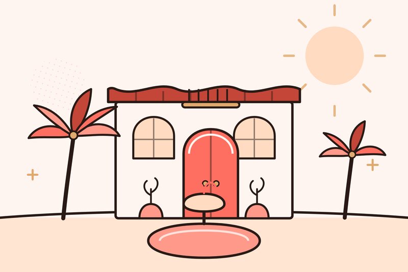 Illustration of Mediterranean revival architecture with palm trees and a fountain in Coral Gables, Florida